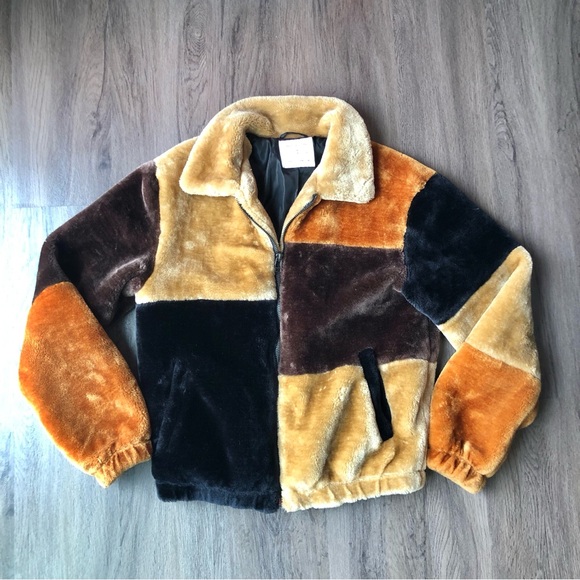 UO Urban Outfitters Faux Fur Patchwork Jacket Men's Unisex Size Medium Brown Tan - Picture 2 of 10